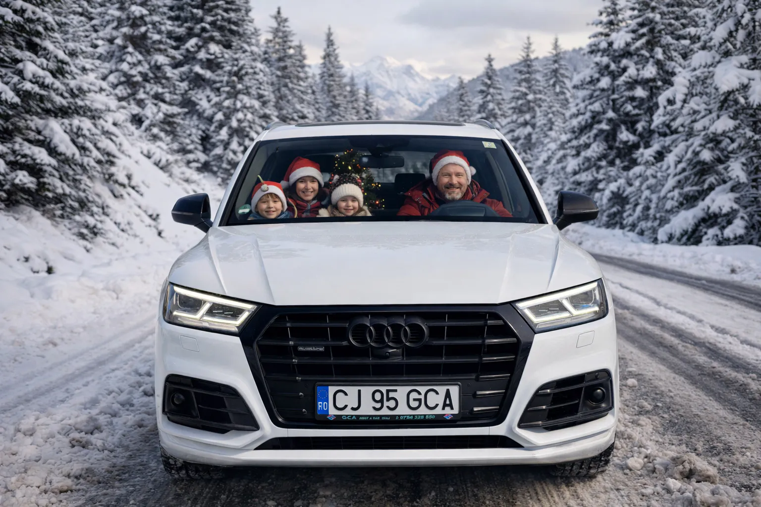 Familie în mașină în drum spre Crăciun